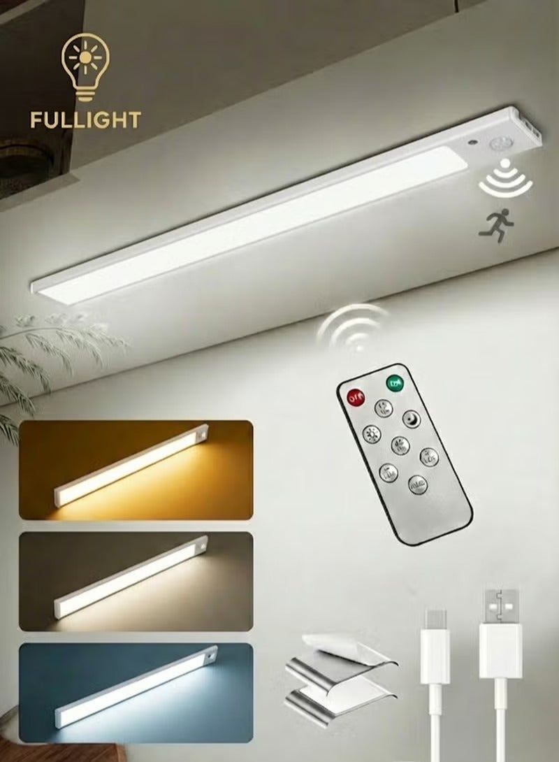 Fullight LED Motion Sensor Magnetic Cabinet Light with Remote Control, Rechargeable 3-Color Dimmable Stick-On Light for Closets, Cabinets, Bedside and Study Areas - Image 1